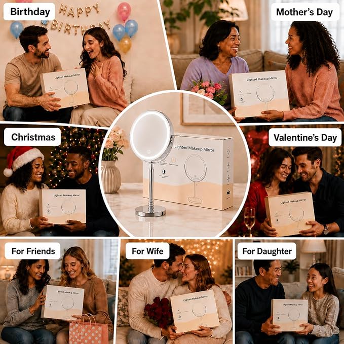 DEIOVWXS Makeup Mirror, 3000mAh Rechargeable Double-Sided Magnifying Vanity Mirror with 3 Colors, 1X/10X, Adjustable Brightness, Gifts for Mom, Mothers Day, Women, Wife, Girls, Dorm Room Essential
