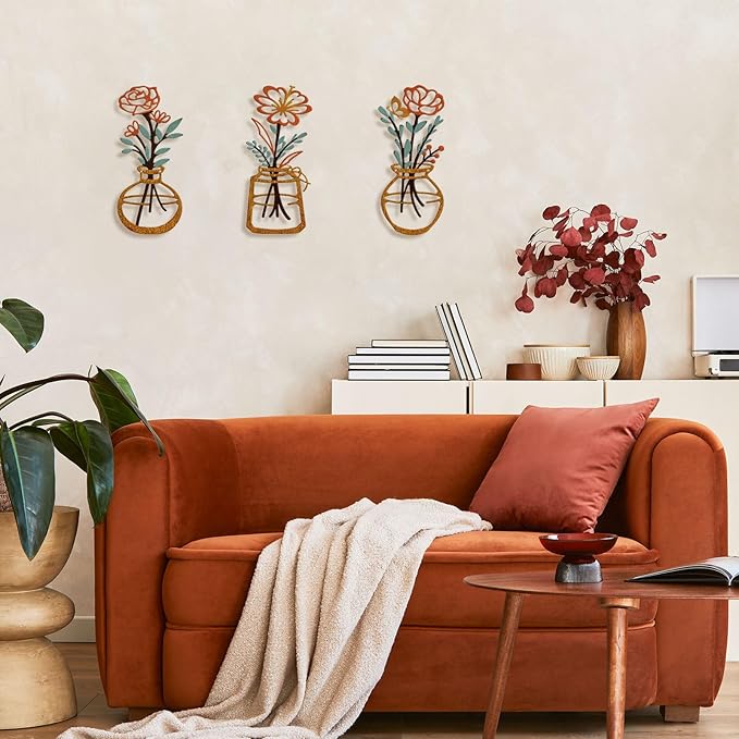 ARTINME 3 Pieces Metal Flowers Wall Arts - Rustic Farmhouse Decor Minimalist Flower Wall Decors for Living Room Bathroom Kitchen Bedroom Dining Room - Housewarming Gifts (Orange)