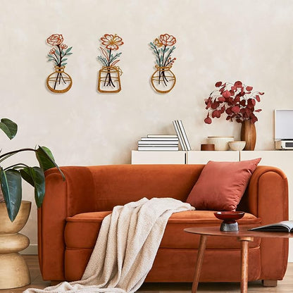 ARTINME 3 Pieces Metal Flowers Wall Arts - Rustic Farmhouse Decor Minimalist Flower Wall Decors for Living Room Bathroom Kitchen Bedroom Dining Room - Housewarming Gifts (Orange)