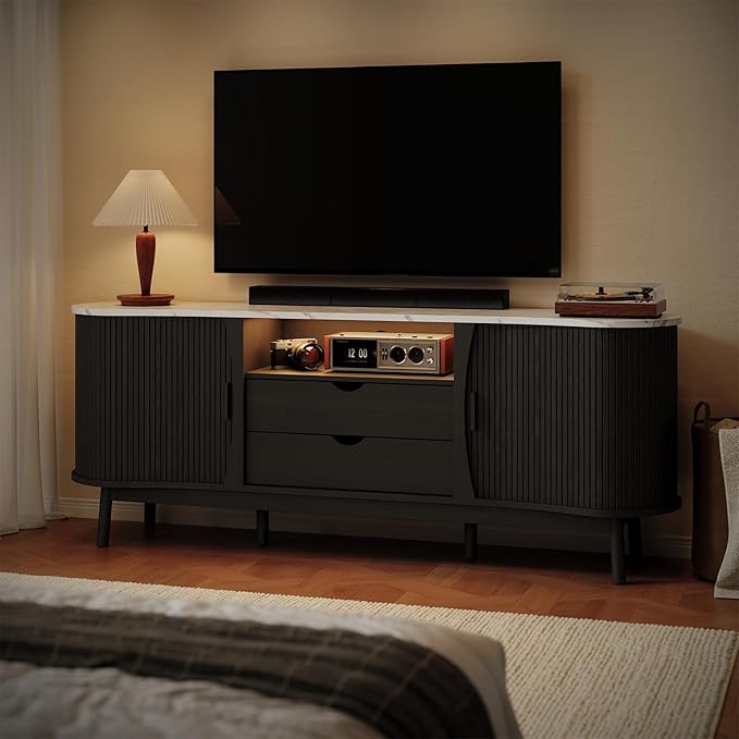 ONBRILL 70 Inch Fluted TV Stand for TVs up to 80 Inch, Curved Entertainment Center with LED Light, Power Outlet, Storage, Mid Century Modern Media TV Console Table for Living Room, Bedroom, Black