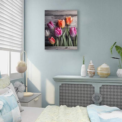 Wall HDQ Tulip Canvas Wall Art, Flower Gray Wall Decor for Bedroom Living Room Bathroom Decorations Orange Purple Floral Picture Colorful Modern Artwork Print Painting Wooden Frame - 28 x 44 Inch