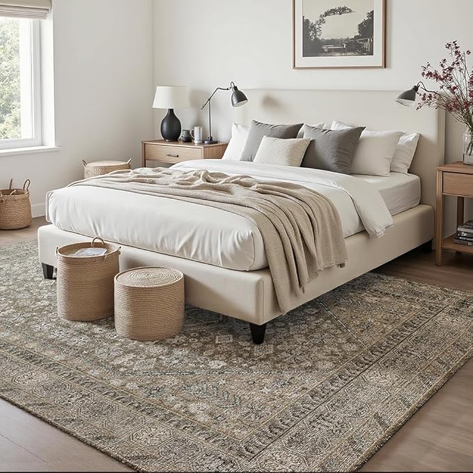 4x6 Area Rugs Beige Brown Washable Rug for Living Room, Bedroom, Dining Room, Large Carpets, Non Slip & Non-Shedding Low Pile Vintage Print Rug for Home Office Decor