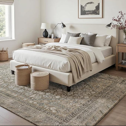 4x6 Area Rugs Beige Brown Washable Rug for Living Room, Bedroom, Dining Room, Large Carpets, Non Slip & Non-Shedding Low Pile Vintage Print Rug for Home Office Decor