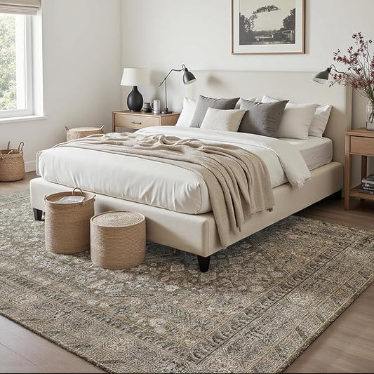 4x6 Area Rugs Beige Brown Washable Rug for Living Room, Bedroom, Dining Room, Large Carpets, Non Slip & Non-Shedding Low Pile Vintage Print Rug for Home Office Decor