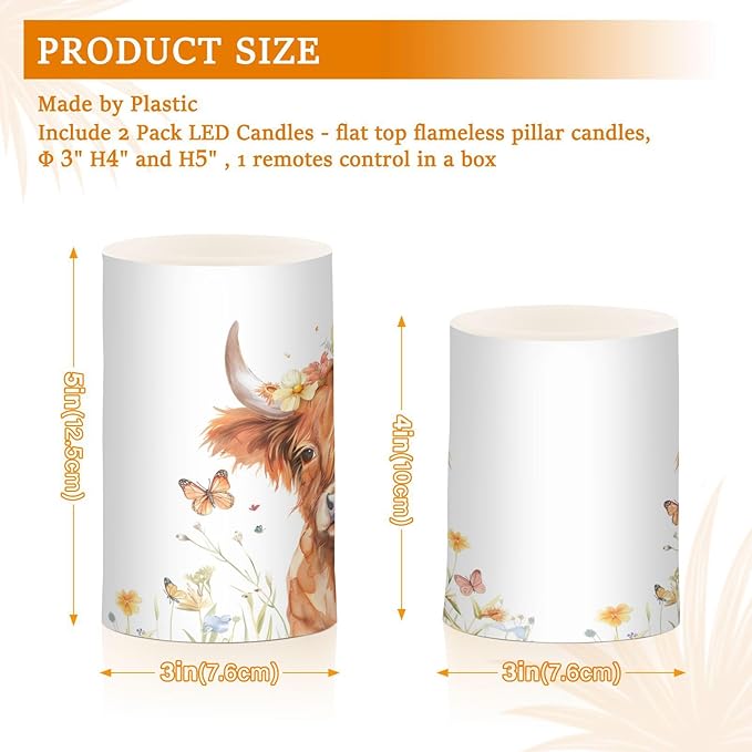ALAZA Kawaii Highland Cow Butterflies Flickering Flameless Candles Battery Operated with Remote Timer,Tea Light Candles LED Pillar Votive Candles Set of 2 for Outdoor Indoor Decorations