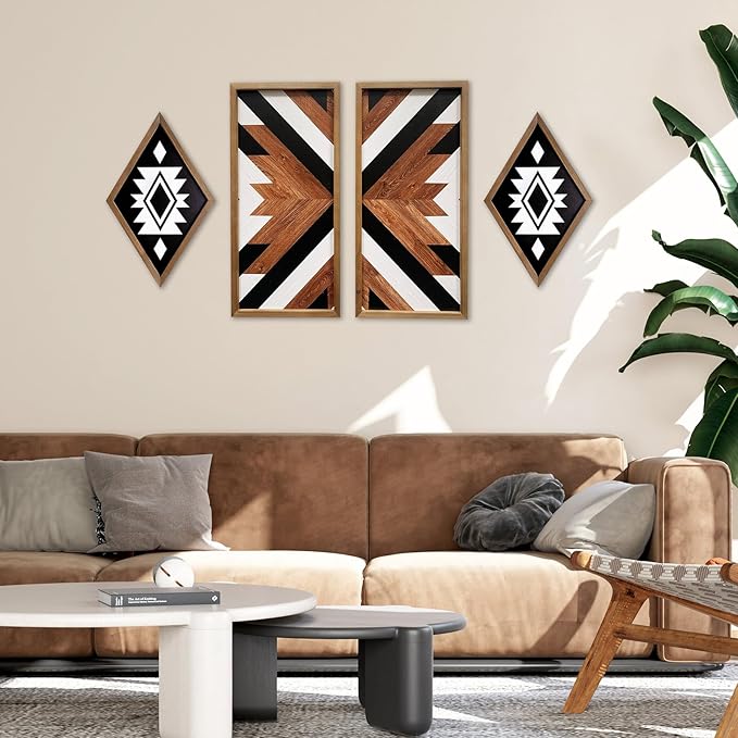 2 Pcs Western Aztec Wall Decor With Wood Framed, 20.9x9.8 Inch Wooden Southwestern Boho Wall Art, Native American Living Room Bedroom Guest Bathroom Rustic Decorations for Home