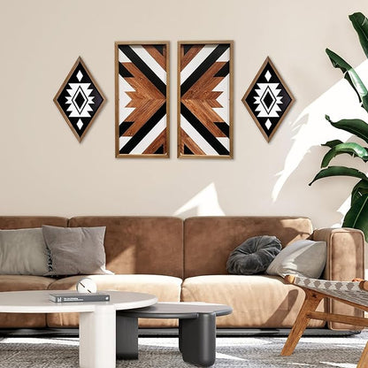 2 Pcs Western Aztec Wall Decor With Wood Framed, 20.9x9.8 Inch Wooden Southwestern Boho Wall Art, Native American Living Room Bedroom Guest Bathroom Rustic Decorations for Home