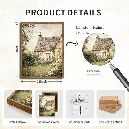 Vintage Farmhouse Wall Art, 3D Textured Nature Landscape Wall Decor Paintings, Hand Drawn Sandstone Farm House Picture Prints Artwork for Bedroom Living Room 24x36 inch Wood Framed