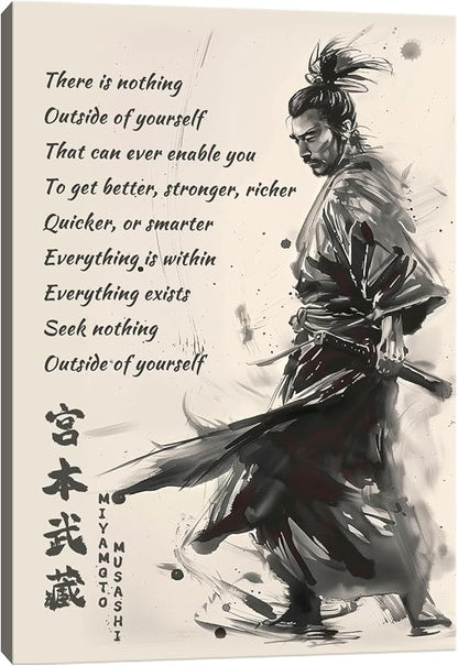 Japanese Samurai Wall Art Miyamoto Musashi Canvas Prints Vintage Japanese Artwork Motivational Poster Inspirational Quotes Painting for Men Bedroom Living Room Office (12''W x 16''H)