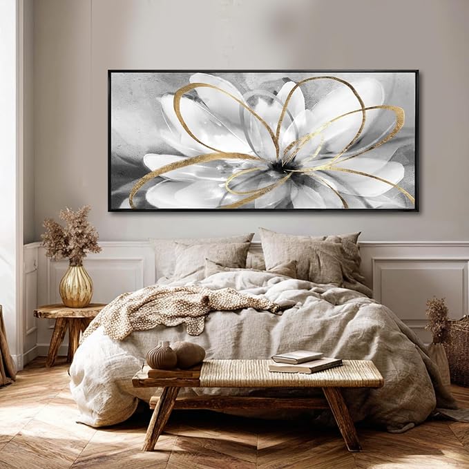 Grey Home Wall Decor Modern Canvas Prints White Flower Framed Wall Art 32"x70" Large Artwork for Living Room Pictures for Office