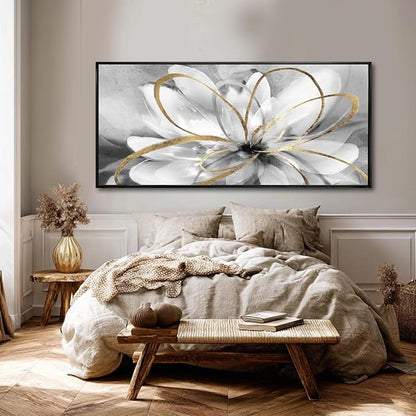 Grey Home Wall Decor Modern Canvas Prints White Flower Framed Wall Art 32"x70" Large Artwork for Living Room Pictures for Office
