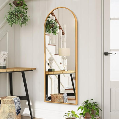 Wall Mirror Full Length Metal Aluminum Framed Floor Mirror 48"x12" Arched Large Full Body Mirror for Bedroom Living Room Entryway Dressing Room Gold