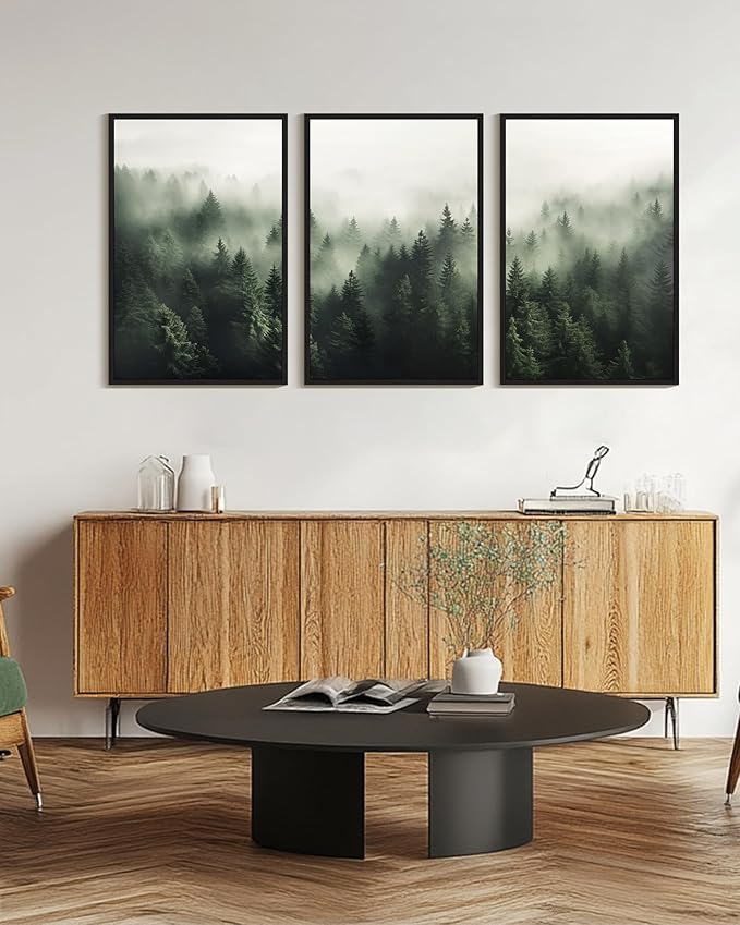 PHOPAGO Green Fog Pine Tree Framed Wall Art Huge 24x36in Nature Misty Nordic Forests Artwork Morden Paints for Living Room Bedroom Decor - Black Framed