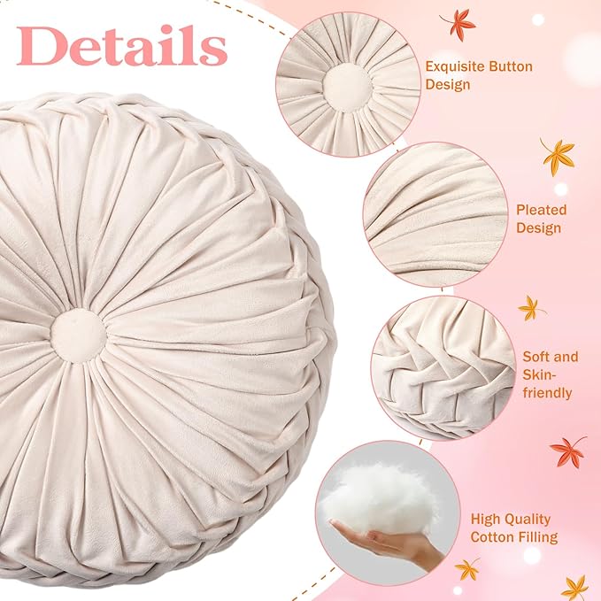 Beeveer 3 Pcs Round Throw Velvet Pillows Classy Accent Pumpkin Throw Pillows 15 Inch Decorative Cushion for Couch Chair Bed Car, 2 Styles (White)