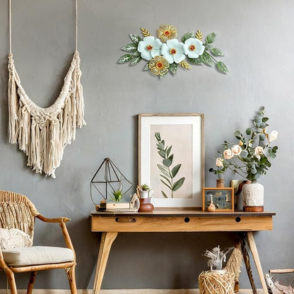 Otoolling 13.7'' Metal Flower Wall Decor, 3D Light Blue & Gold Floral Sculpture with Green Leaves, Hanging Wall Art Accent for Living Room, Bedroom, Bathroom, Home Indoor Outdoor Decoration