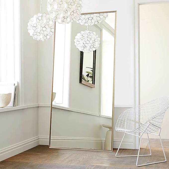 NeuType Full Length Mirror Floor Mirror with Standing Holder Bedroom/Locker Room Standing/Hanging Mirror Dressing Mirror Wall-Mounted Mirror (Golden), 65"x22", AMZVCNTJJ00362ZZE-ZYF