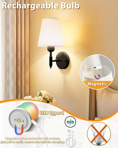 Adetu Battery Operated Wall Sconces Set of Two, Gold Rechargeable Wall Lights with 10000mAh RGB Rechargeable Magnetic Bulb, Battery Wall Sconce with Remote Control for Bedroom Decor