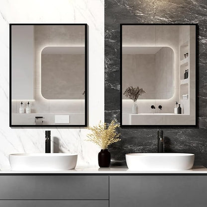 Rectangular Wall Mirror, Black Aluminum Frame, 20x28 Inches, Modern Style, Tempered Glass, Wall Mount for Bathroom Bedroom Living Room
