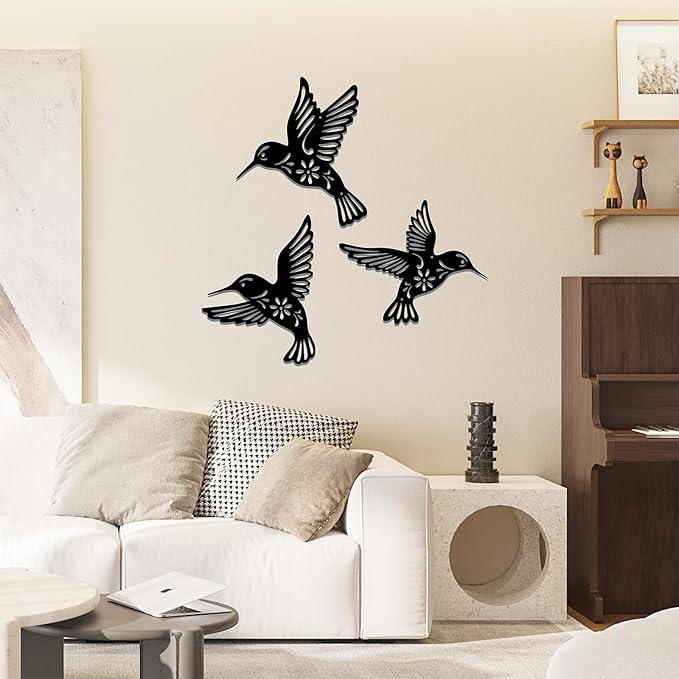 Metal Hummingbird Wall Art Decor - 3-Piece Black Iron Wall Sculpture with Engraved Leaf Patterns, Handmade Home Decor for Living Room, Bedroom, Kitchen, Bathroom, Patio