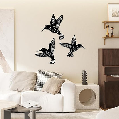 Metal Hummingbird Wall Art Decor - 3-Piece Black Iron Wall Sculpture with Engraved Leaf Patterns, Handmade Home Decor for Living Room, Bedroom, Kitchen, Bathroom, Patio