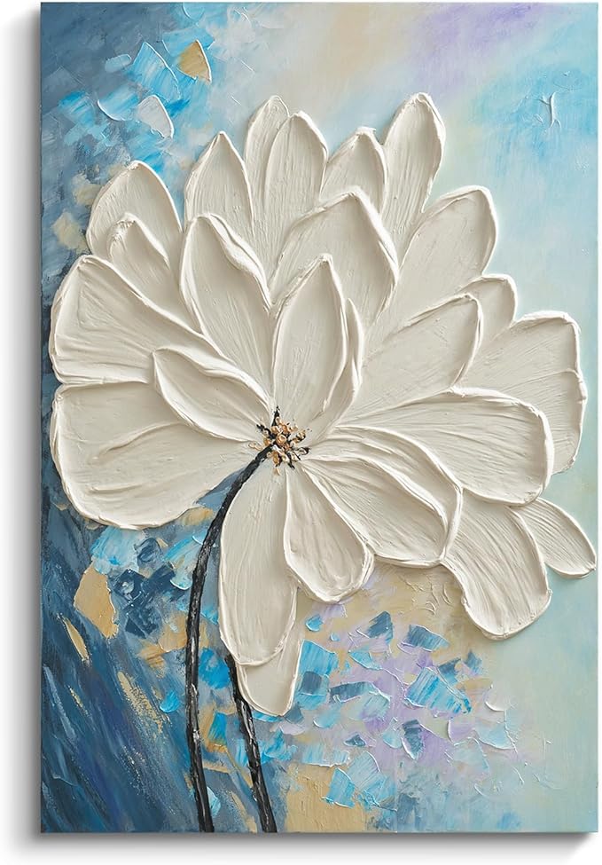 JUHOME Abstract Floral Wall Art – 24x36 Original Hand-Painted White Textured Flower Oil Painting, Modern Vertical Canvas Wall Decor Minimalist Canvas Wall Art for Living Room Bedroom Office