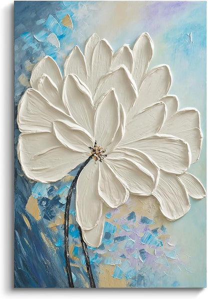 JUHOME Abstract Floral Wall Art – 24x36 Original Hand-Painted White Textured Flower Oil Painting, Modern Vertical Canvas Wall Decor Minimalist Canvas Wall Art for Living Room Bedroom Office
