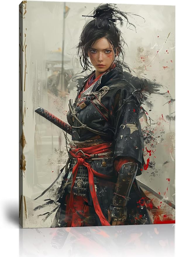 Japanese Female Samurai Wall Art Woman Fight Painting Canvas Prints Warrior Figure Pictures Bushido Posters Japanese Culture Theme Artwork for Bedroom Living Room Decor (18''W x 24''H)