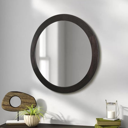 Round Mirrors 24 Inch,Wood Vanity Wall Rustic Mirror with Wood Frame, Wooden Circle Mirror for Bathroom Bedroom Living Room Or Entryway(Dark Walnut Brown)