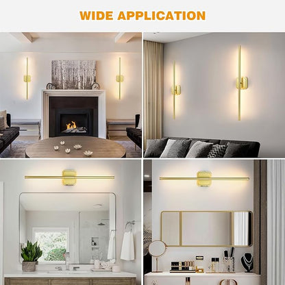 Battery Operated Wall Sconces Set of 2, Rechargeable Wall Sconces with Remote Control, LED Gold Wall Lights, 3000K-6000K Dimmable 360° Rotatable for Living Room, Bedroom, Hallway, 28''