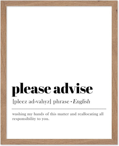 Poster Master Vintage Typography Poster - Retro Dictionary Print - Please Advise Definition, Book Page, Funny - Gift for Colleague, Friend - Wall Decor for Home, Office, 11x14 Beige Framed