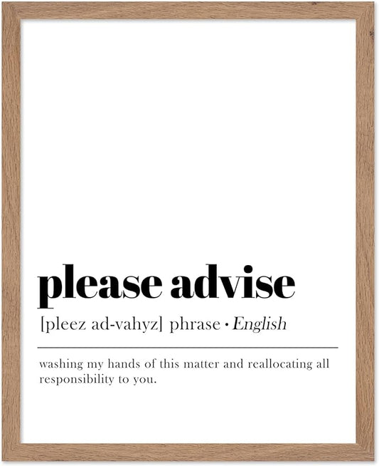 Poster Master Vintage Typography Poster - Retro Dictionary Print - Please Advise Definition, Book Page, Funny - Gift for Colleague, Friend - Wall Decor for Home, Office, 11x14 Beige Framed