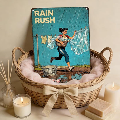 Rain Rush Laundry Vintage Tin Sign Funny Sarcastic Retro Housewife Design Mom Laundry Room Wall Decor 12x8 Inch