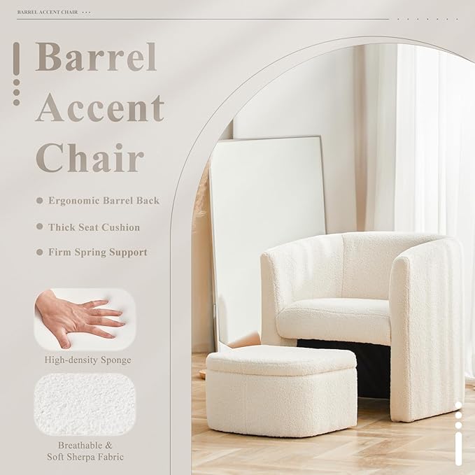 COLAMY Velvet Morden Living Room Chair with Storage Ottoman, Barrel Accent Chair with Lounge Seat for Bedroom/Reading Spaces, Rubberwood, Sponge Foam, Cream