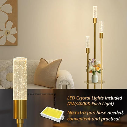 Modern Gold Floor Lamps for Living Room, Bubble Crystal Floor Lamp with Shelves, Built-in LED Lights, Brass Standing Lamps with Foot Switch, Corner Tall Floor Lamp for Bedroom, House Decor
