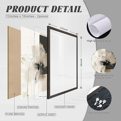 Tocliky Modern Abstract Floral Wall Art Minimalist Neutral Canvas Painting Decor Beige Cream And Black Wall Art Contemporary Flower Picture Prints for Living Room Bedroom 12x16 Inch Framed Set of 2
