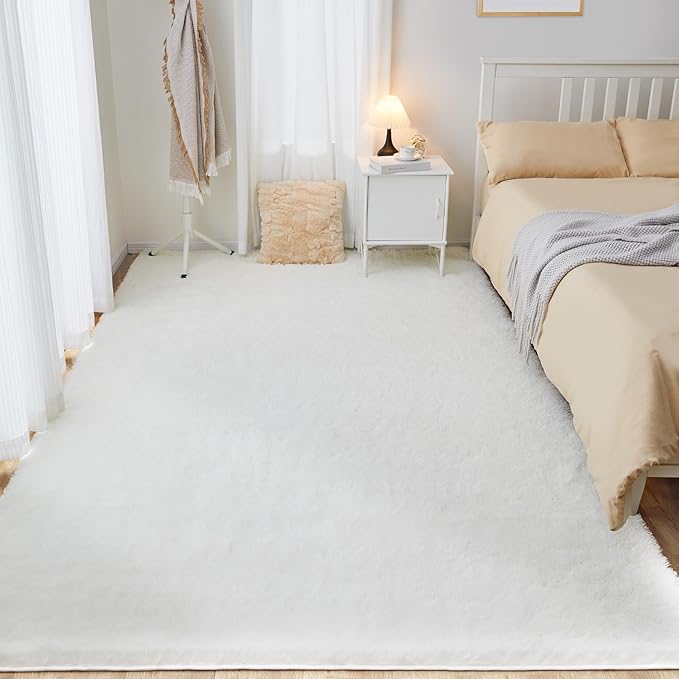 Puremy 6x9 White Area Rugs for Living Room, Fluffy Shaggy Rug for Bedroom, Anti-Skid High Pile Indoor Carpet for Nursery, Kids Room, Bedside, Home Decor