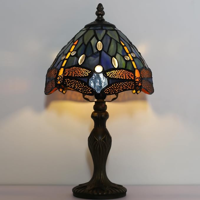 Tiffany Style Lamp Stained Glass Table Lamp 8 x 14.5 Mini Accent Light Blue Dragonfly Design Small Decorative Bedside Reading Memory Lamp