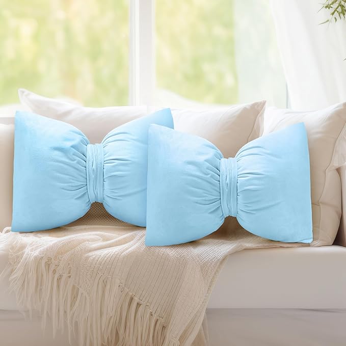 Beeveer Blue 2 Pcs Bow Pillow 12 x 18 Inch Coquette Throw Pillows Large Bow Shaped Velvet Cushion Coquette Decorative for Girls Room Bed Sofa Couch Car Decorations