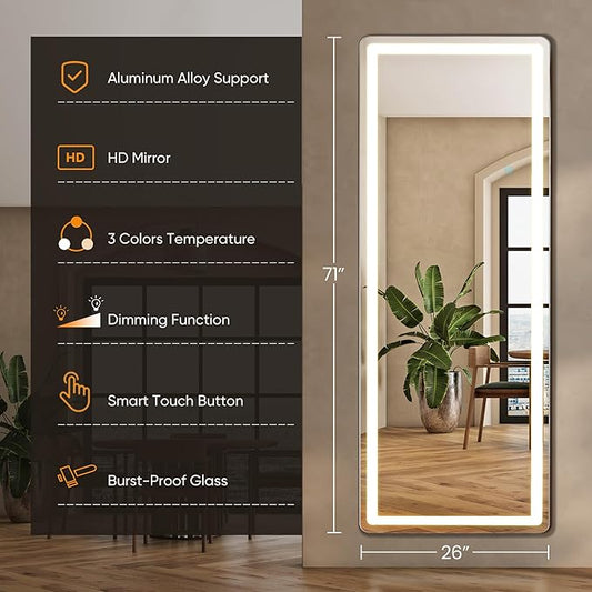 Full Length Mirror with Stand 26"×71", Upgraded Full Body Mirrors with LED Light 3 Color Lighting, Floor Standing, Hanging or Leaning Modern Simple Home Wall Decor, White