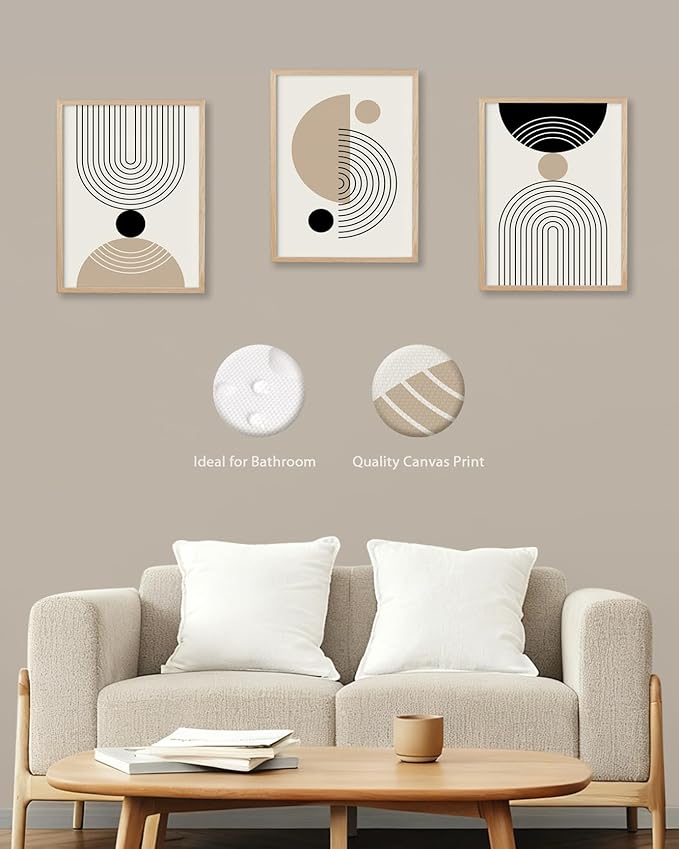 HesenDot Unframed Abstract Geometric Line Wall Art Set of 3, 12x16in Boho Mid Century Canvas Prints, Modern Arch Posters, Neutral Minimalist Wall Decor for Living Room Bedroom Bathroom Study