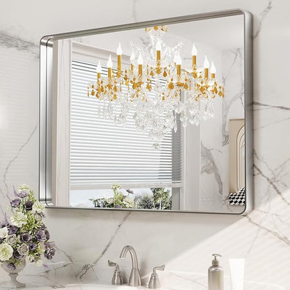 LOAAO 40X32 Inch Brushed Nickel Bathroom Mirror, Rounded Rectangle Silver Metal Frame Mirror, Brushed Nickel, Anti-Rust, Shatter Proof, Hangs Horizontally or Vertically