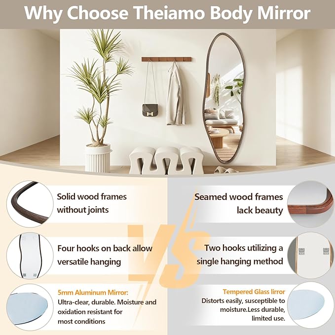 Irregular Full Length Mirror, 65"x22" Wooden Farmhouse Full Body Mirror, Large Asymmetrical Wall Mirrors for Living Room Entryway, Horizontal/Vertical, Vintage Walnut