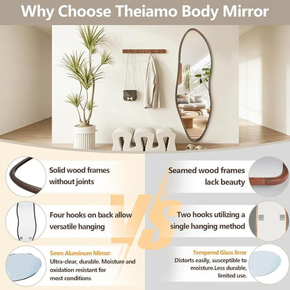 Irregular Full Length Mirror, 65"x22" Wooden Farmhouse Full Body Mirror, Large Asymmetrical Wall Mirrors for Living Room Entryway, Horizontal/Vertical, Vintage Walnut