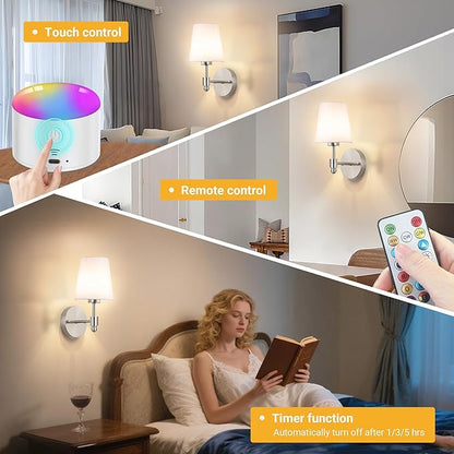 YHCDLAMP Battery Operated Wall Sconces Set of Two, Rechargeable Wireless Wall Lights with 10000mAh RGB Dimmable Detachable Bulb, Battery Sconces Wall Decor with Remote for Bedroom Living Room Hallway