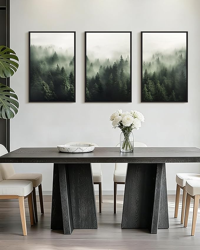 PHOPAGO Green Fog Pine Tree Framed Wall Art Large 16x24in Nature Misty Nordic Forests Artwork Morden Paints for Living Room Home Office Decor - Black Framed