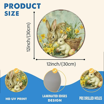 Easter Floral Wreath Metal Sign Round Bunny Design Rustic Farmhouse Decor For Spring Home Door Wall Seasonal Display 12X12Inch