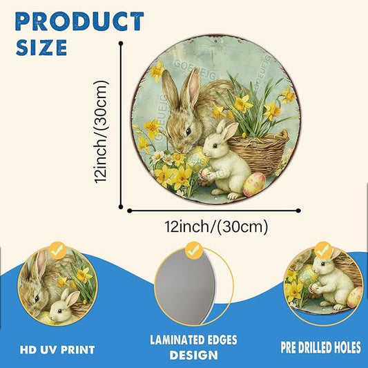 Easter Floral Wreath Metal Sign Round Bunny Design Rustic Farmhouse Decor For Spring Home Door Wall Seasonal Display 12X12Inch