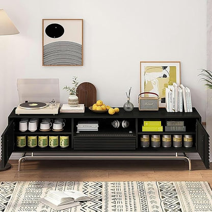 TV Stand Wood TV Stand, TV-Console, with Rattan Lower-Flap Door, Entertainment Center, with Cable Hole, Already Assembled TV Cabinet, TV Tables with Storage, for Living Room(Natural,Wood Leg)