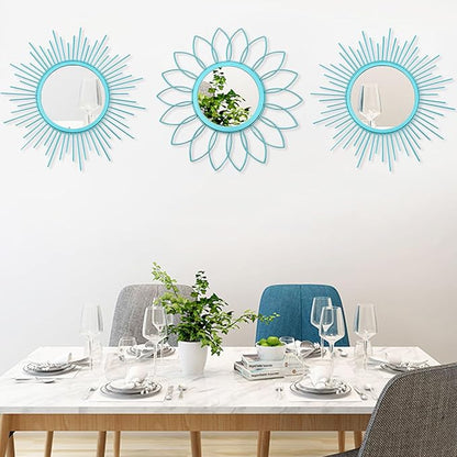 3 Pack Metal Mirrors for Wall Sunburst Wall Mirrors Home Décor Decorative Hanging Wall Art for Living Room Bedroom Entryway (Greenish Blue, Flower+Sunburst)