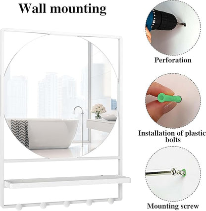 21" X 28" Wall Mirror with Shelf and Hooks,Entryway Mirror with Hooks, Metal Framed Bathroom Mirror with Shelf for Bathroom, Bedroom, Living Room (White, 21 x 28)